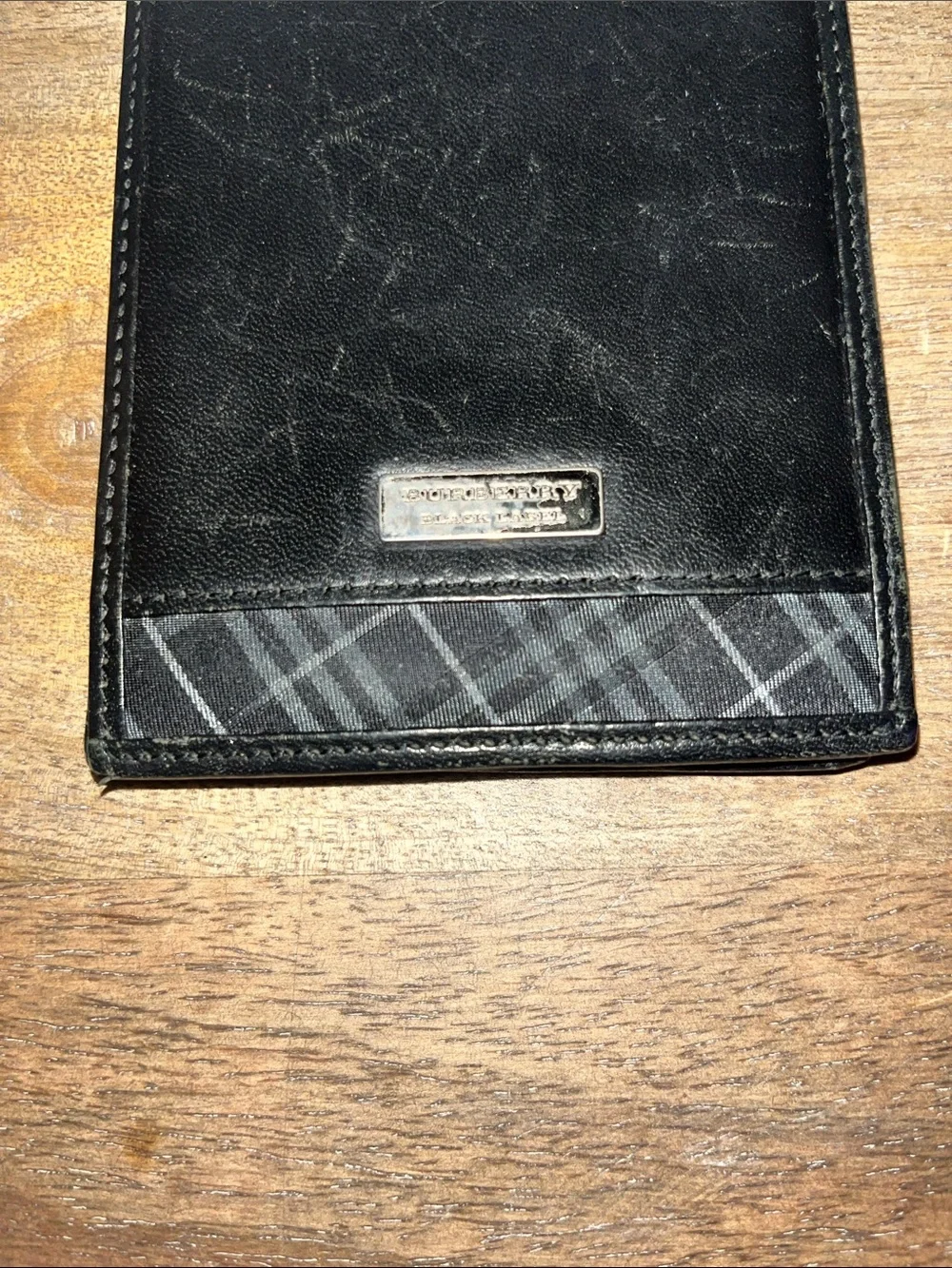 Burberry Black Leather Bifold Wallet with Grey Plaid Trim